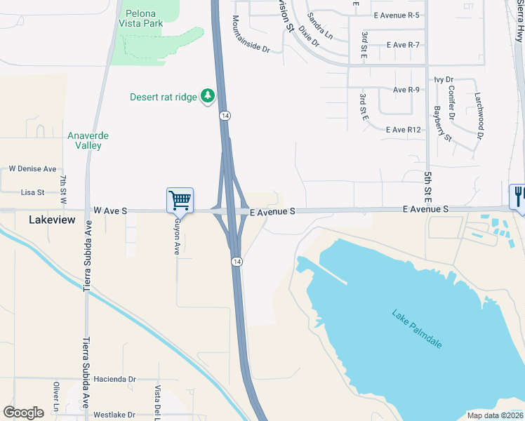 map of restaurants, bars, coffee shops, grocery stores, and more near 165 East Avenue S in Palmdale