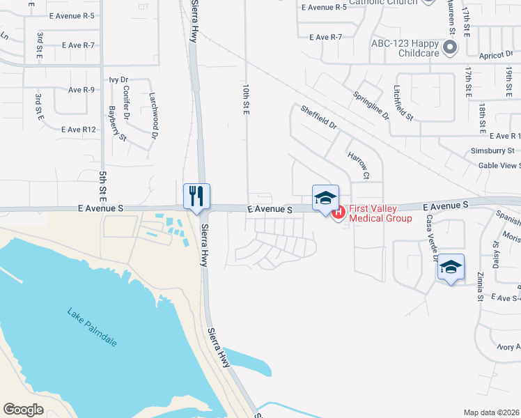 map of restaurants, bars, coffee shops, grocery stores, and more near 1020 East Avenue S in Palmdale