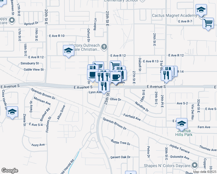 map of restaurants, bars, coffee shops, grocery stores, and more near E Ave S & 25th St E in Palmdale