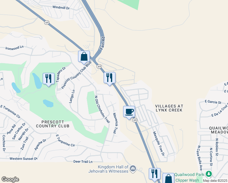 map of restaurants, bars, coffee shops, grocery stores, and more near 11901 Arizona 69 in Prescott Valley
