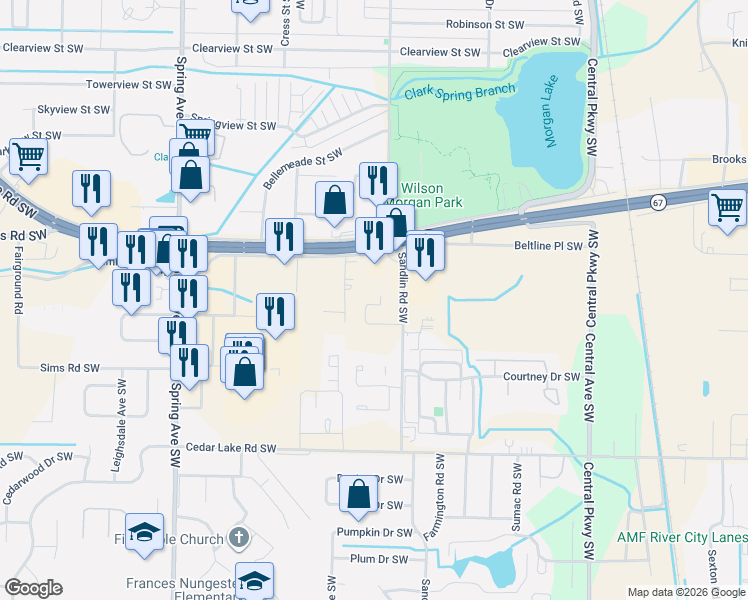 map of restaurants, bars, coffee shops, grocery stores, and more near 2715 Sandlin Road Southwest in Decatur