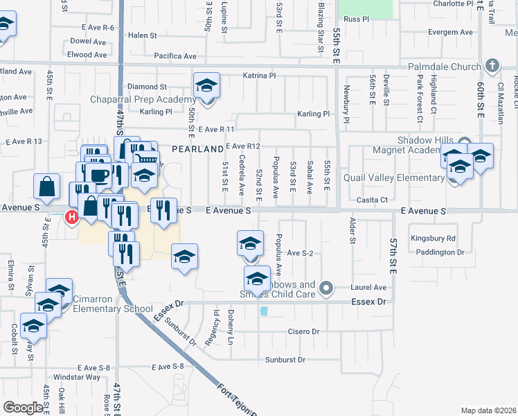 map of restaurants, bars, coffee shops, grocery stores, and more near 37201 52nd Street East in Palmdale