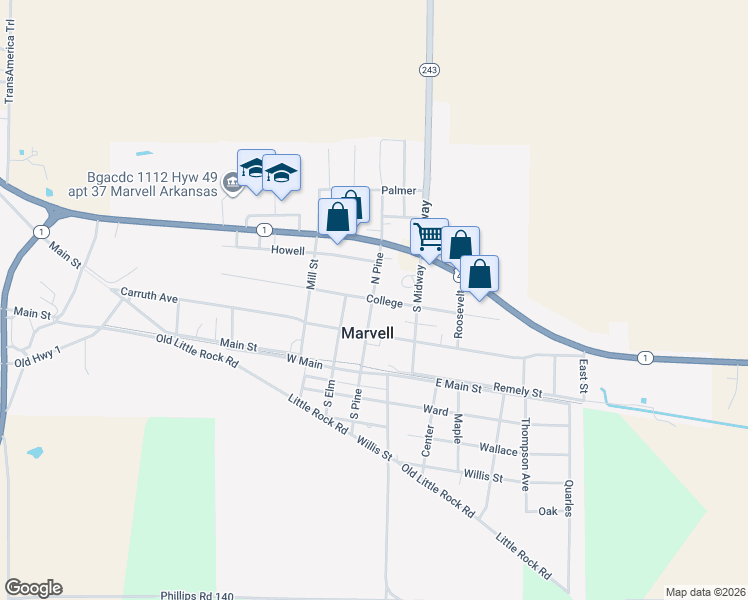 map of restaurants, bars, coffee shops, grocery stores, and more near College in Marvell