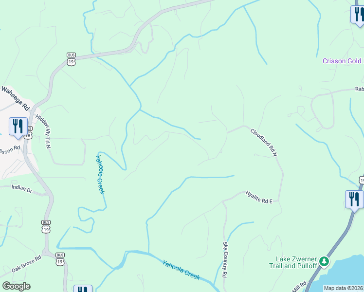 map of restaurants, bars, coffee shops, grocery stores, and more near 77 Old River Road in Dahlonega
