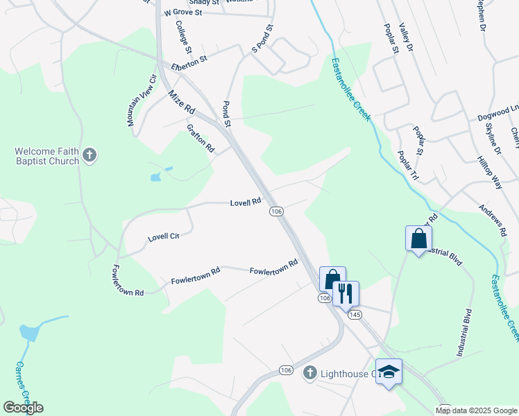 map of restaurants, bars, coffee shops, grocery stores, and more near 39 Lovell Road in Toccoa
