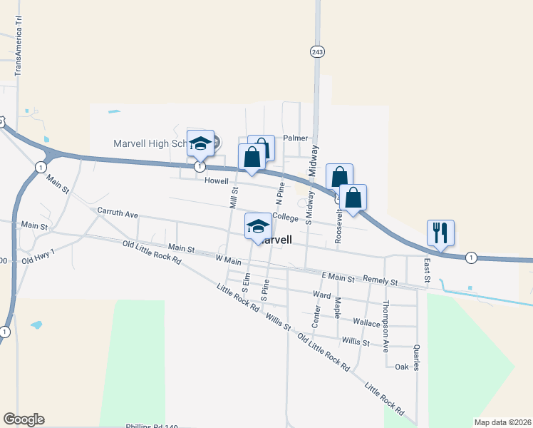 map of restaurants, bars, coffee shops, grocery stores, and more near College in Marvell