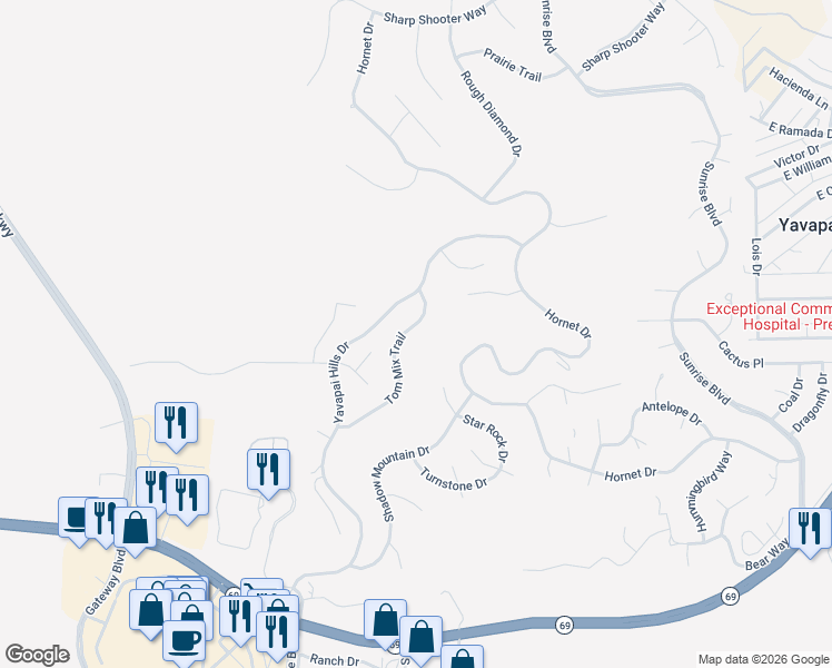 map of restaurants, bars, coffee shops, grocery stores, and more near 871 Tom Mix Trail in Prescott