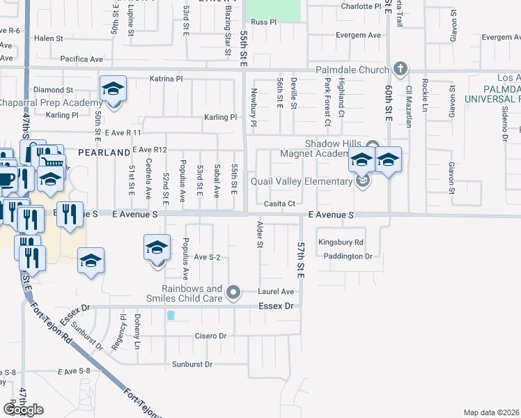 map of restaurants, bars, coffee shops, grocery stores, and more near 5530 Casita Court in Palmdale