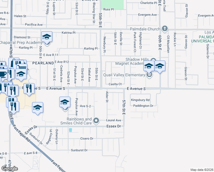map of restaurants, bars, coffee shops, grocery stores, and more near 5530 Casita Court in Palmdale