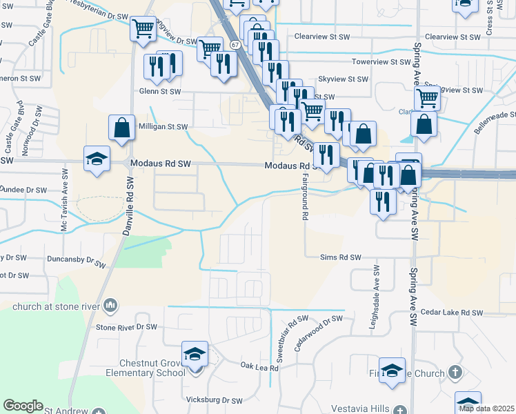 map of restaurants, bars, coffee shops, grocery stores, and more near 2813 Wimberly Drive Southwest in Decatur