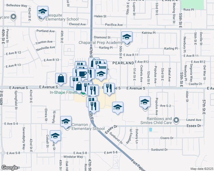 map of restaurants, bars, coffee shops, grocery stores, and more near 37207 Harlequin Way in Palmdale