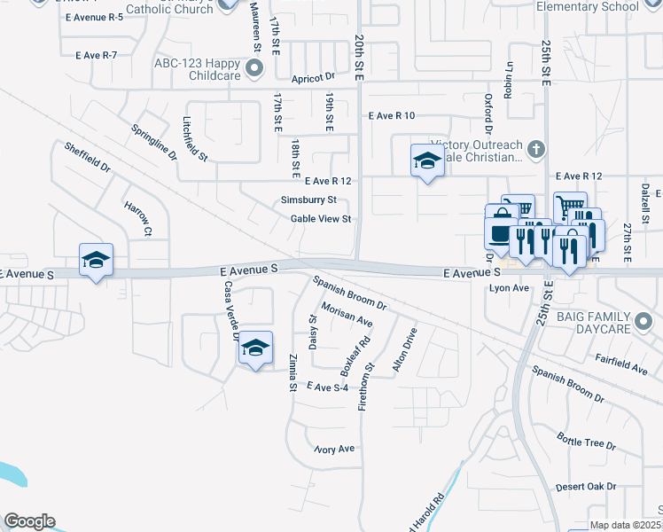 map of restaurants, bars, coffee shops, grocery stores, and more near 10th Street East in Palmdale