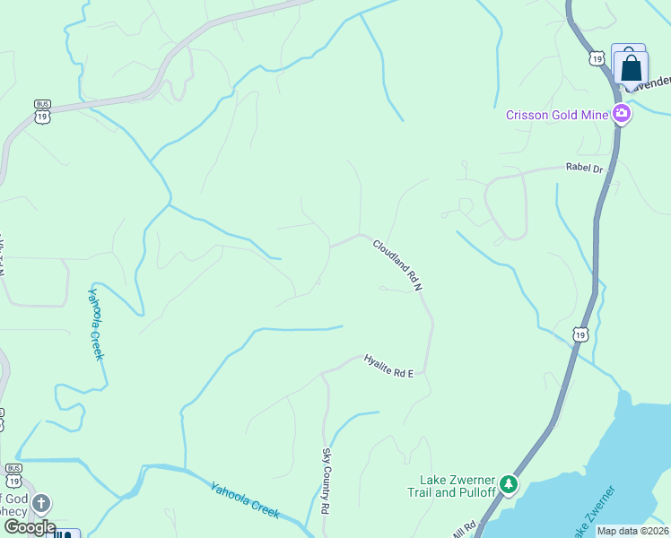 map of restaurants, bars, coffee shops, grocery stores, and more near 45 Highland Road South in Dahlonega