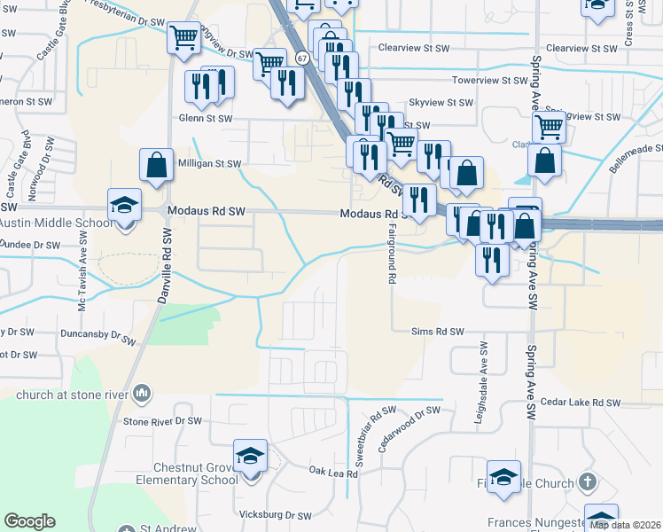 map of restaurants, bars, coffee shops, grocery stores, and more near 2813 Wimberly Drive Southwest in Decatur