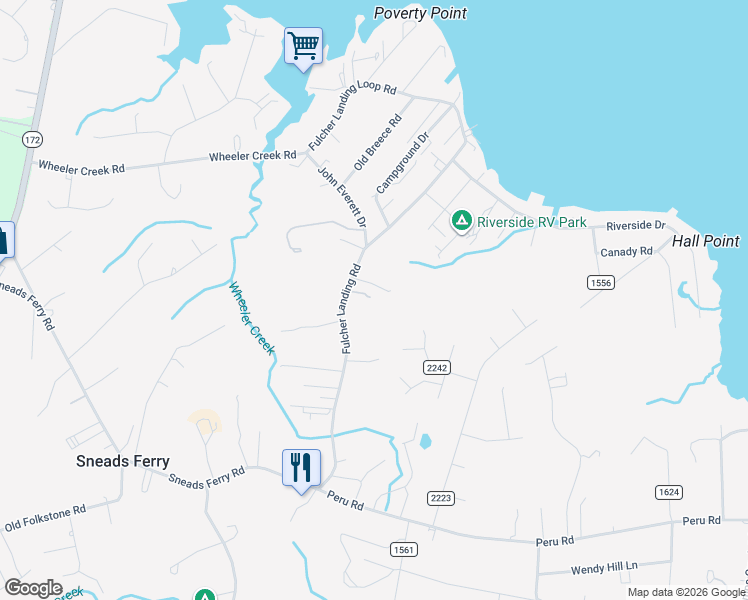 map of restaurants, bars, coffee shops, grocery stores, and more near 204 Fulcher Landing Road in Sneads Ferry