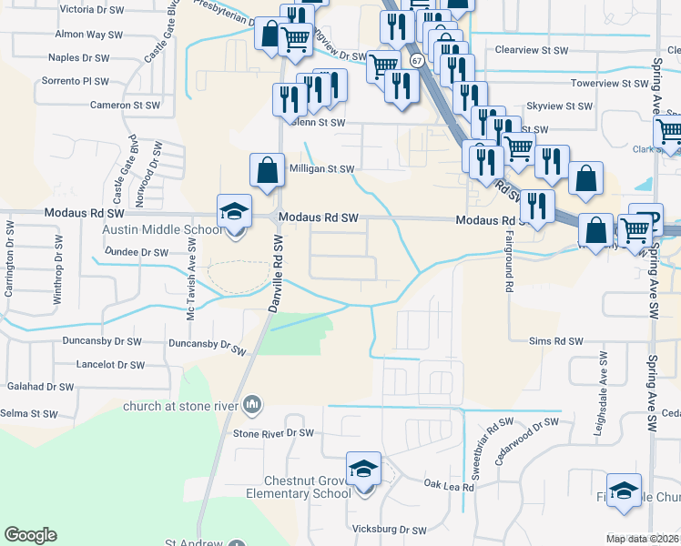 map of restaurants, bars, coffee shops, grocery stores, and more near 2728 Longfellow Drive Southwest in Decatur