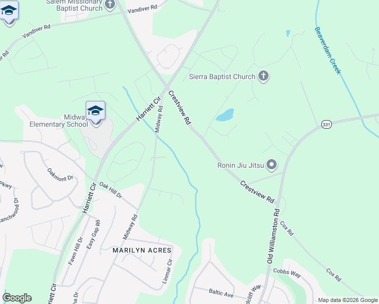map of restaurants, bars, coffee shops, grocery stores, and more near 1401 Crestview Road in Anderson