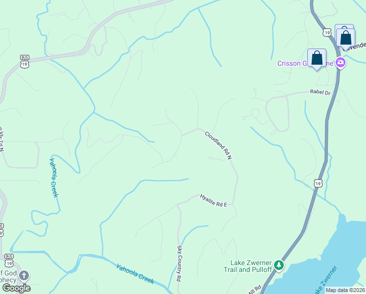 map of restaurants, bars, coffee shops, grocery stores, and more near 45 Highland Road South in Dahlonega