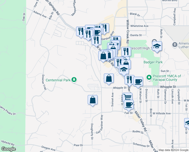 map of restaurants, bars, coffee shops, grocery stores, and more near 860 Gail Gardner Way in Prescott