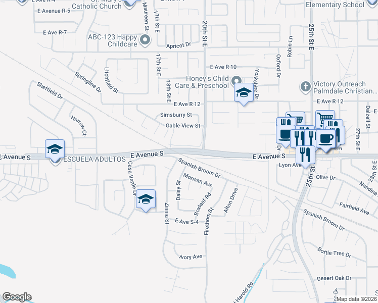 map of restaurants, bars, coffee shops, grocery stores, and more near in Palmdale