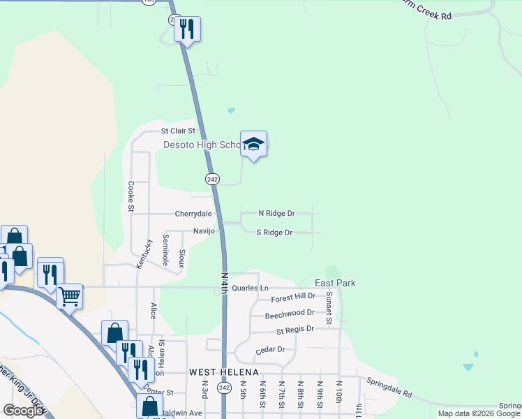 map of restaurants, bars, coffee shops, grocery stores, and more near 526 North Ridge Drive in Helena-West Helena