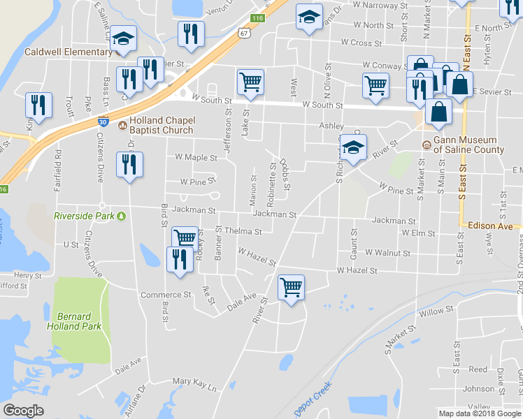 map of restaurants, bars, coffee shops, grocery stores, and more near 925 Jackman Street in Benton