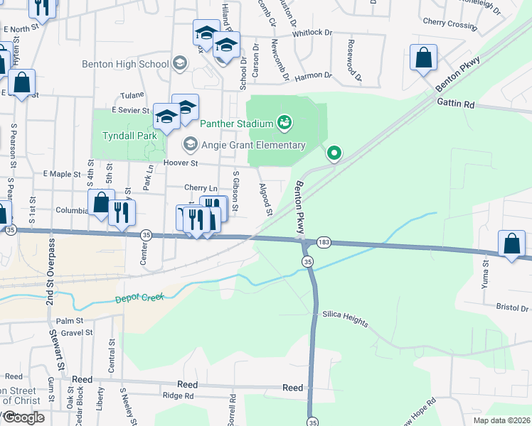 map of restaurants, bars, coffee shops, grocery stores, and more near 517 Algood Street in Benton