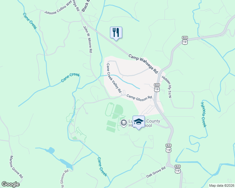 map of restaurants, bars, coffee shops, grocery stores, and more near 316 Camp Glisson Road in Dahlonega