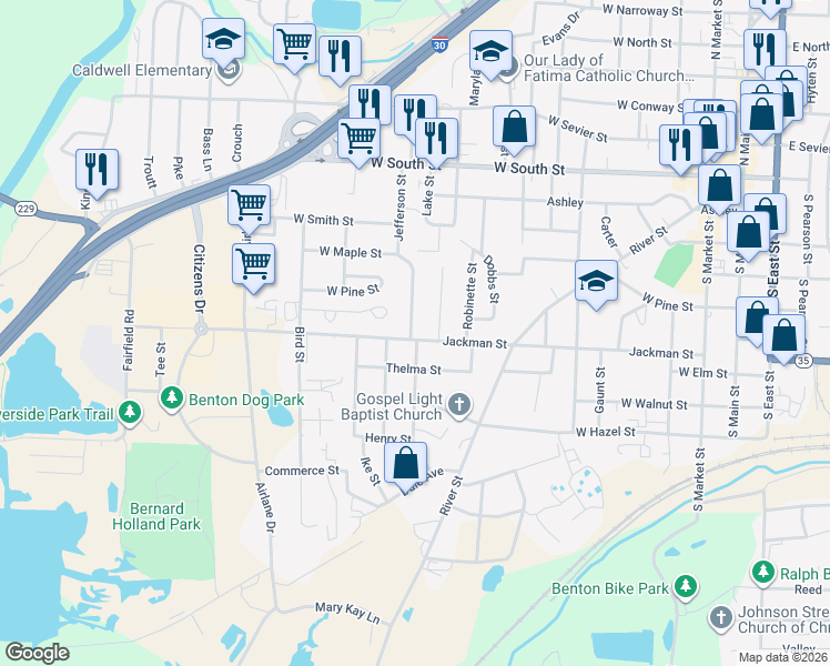 map of restaurants, bars, coffee shops, grocery stores, and more near 1107 Jackman Street in Benton