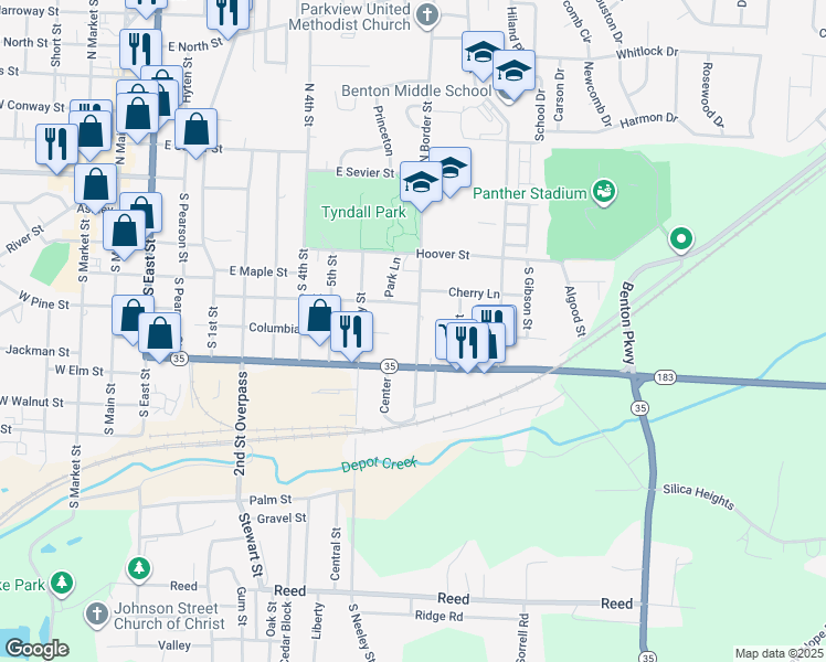 map of restaurants, bars, coffee shops, grocery stores, and more near 523 South Border Street in Benton