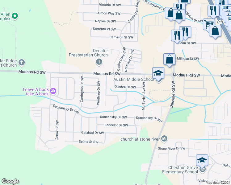 map of restaurants, bars, coffee shops, grocery stores, and more near 2210 Inverness Lane Southwest in Decatur