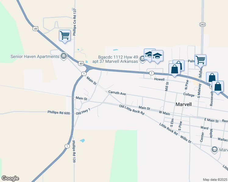 map of restaurants, bars, coffee shops, grocery stores, and more near 1134 Carruth Avenue in Marvell