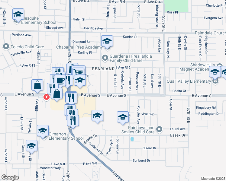 map of restaurants, bars, coffee shops, grocery stores, and more near 37213 51st Street East in Palmdale