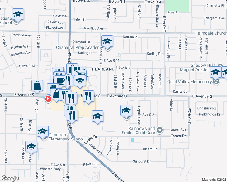 map of restaurants, bars, coffee shops, grocery stores, and more near 37213 51st Street East in Palmdale