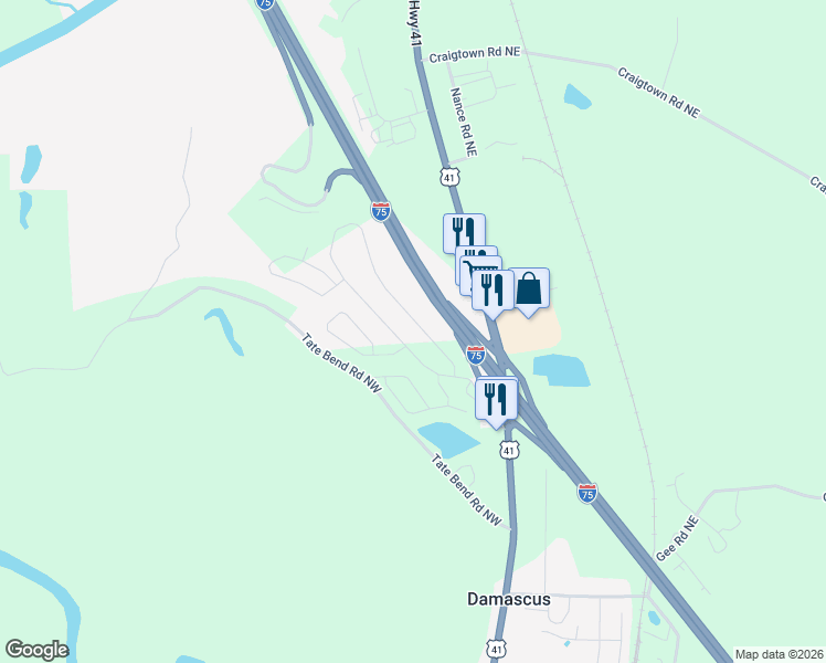 map of restaurants, bars, coffee shops, grocery stores, and more near 259 Soldiers Pathway in Calhoun