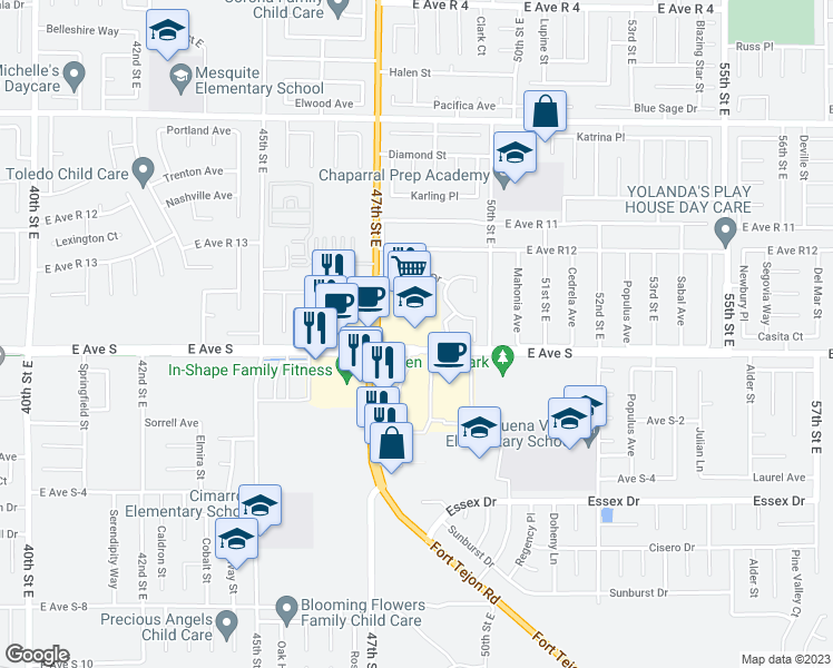 map of restaurants, bars, coffee shops, grocery stores, and more near 37212 47th Street East in Palmdale