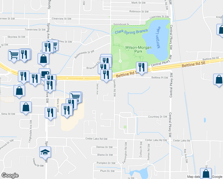 map of restaurants, bars, coffee shops, grocery stores, and more near 2715 Sandlin Road Southwest in Decatur