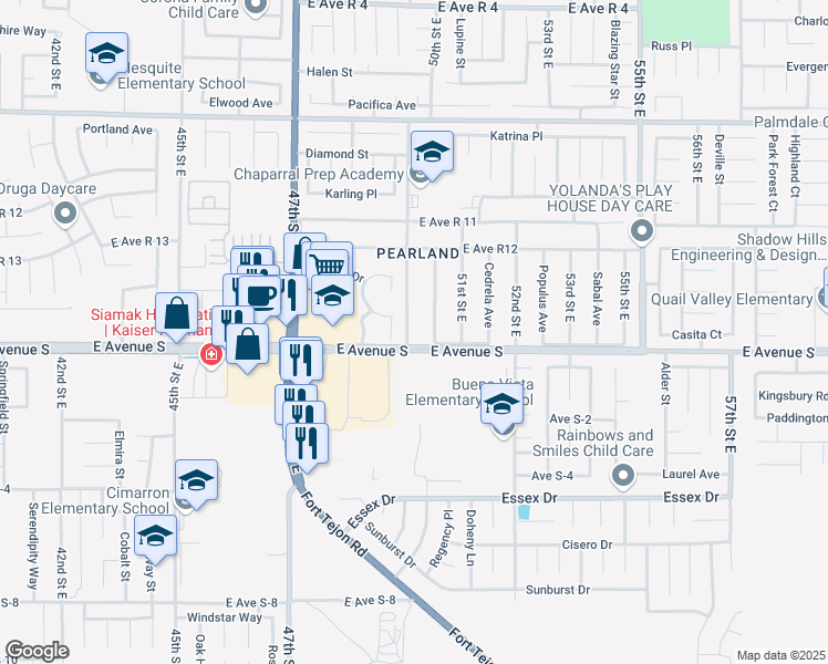 map of restaurants, bars, coffee shops, grocery stores, and more near 37216 50th Street East in Palmdale