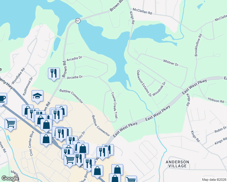 map of restaurants, bars, coffee shops, grocery stores, and more near 101 Towne Creek Trail in Anderson