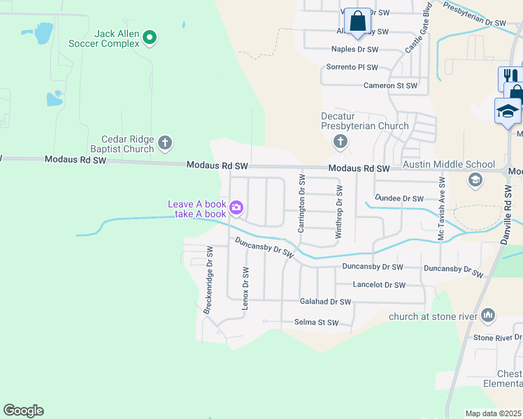 map of restaurants, bars, coffee shops, grocery stores, and more near 2801 Revere Avenue Southwest in Decatur