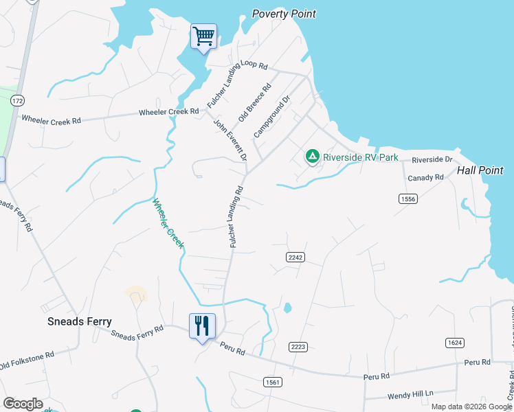 map of restaurants, bars, coffee shops, grocery stores, and more near 204 Fulcher Landing Road in Sneads Ferry