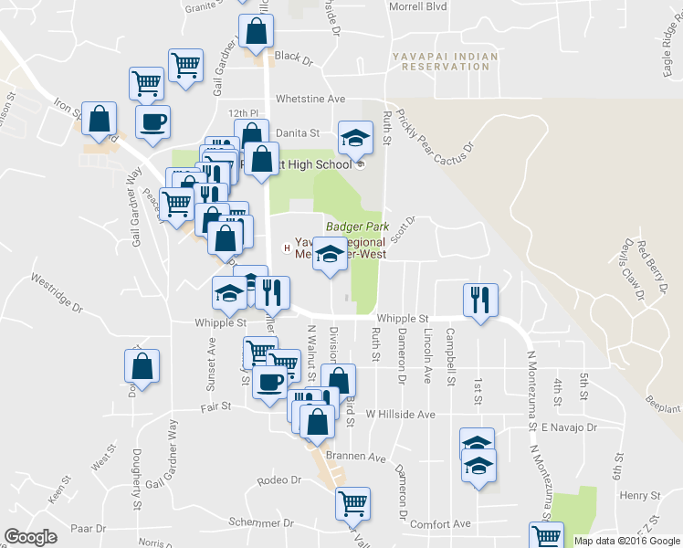 map of restaurants, bars, coffee shops, grocery stores, and more near 935 Division Street in Prescott