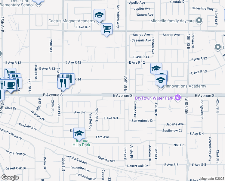 map of restaurants, bars, coffee shops, grocery stores, and more near 3315 East Avenue South in Palmdale