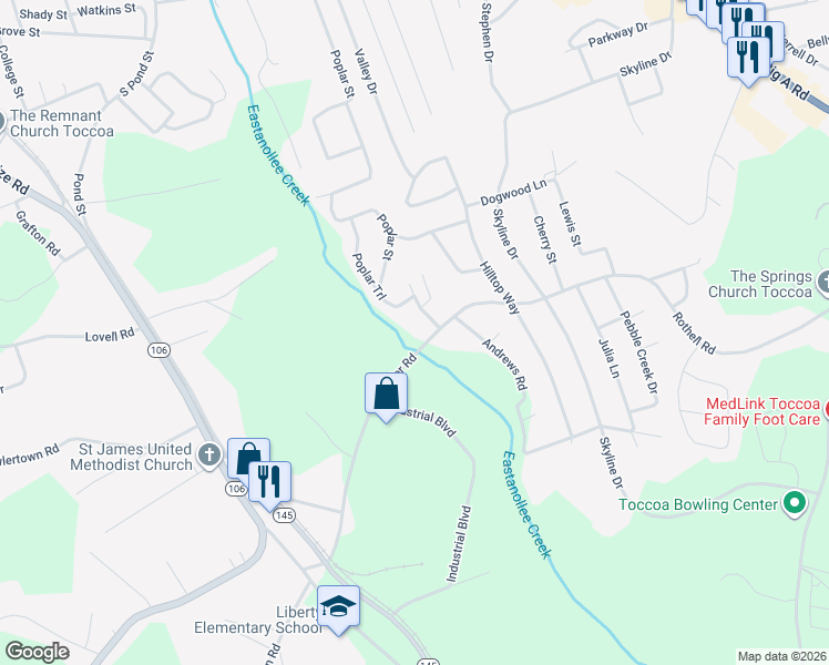 map of restaurants, bars, coffee shops, grocery stores, and more near 615 Collier Road in Toccoa