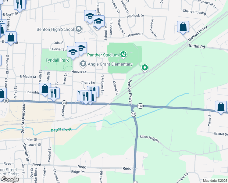 map of restaurants, bars, coffee shops, grocery stores, and more near 517 Algood Street in Benton