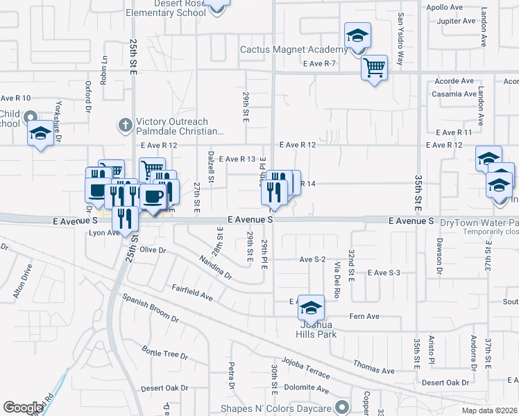 map of restaurants, bars, coffee shops, grocery stores, and more near 2845 East Avenue R16 in Palmdale