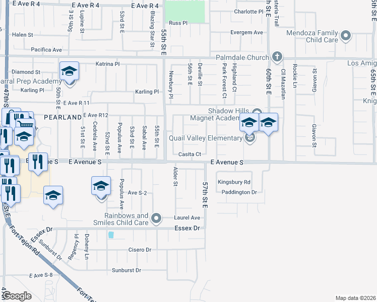 map of restaurants, bars, coffee shops, grocery stores, and more near 5563 Casita Court in Palmdale