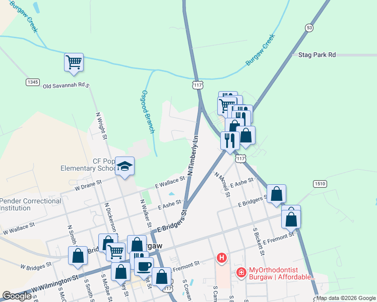 map of restaurants, bars, coffee shops, grocery stores, and more near 516 North Timberly Lane in Burgaw