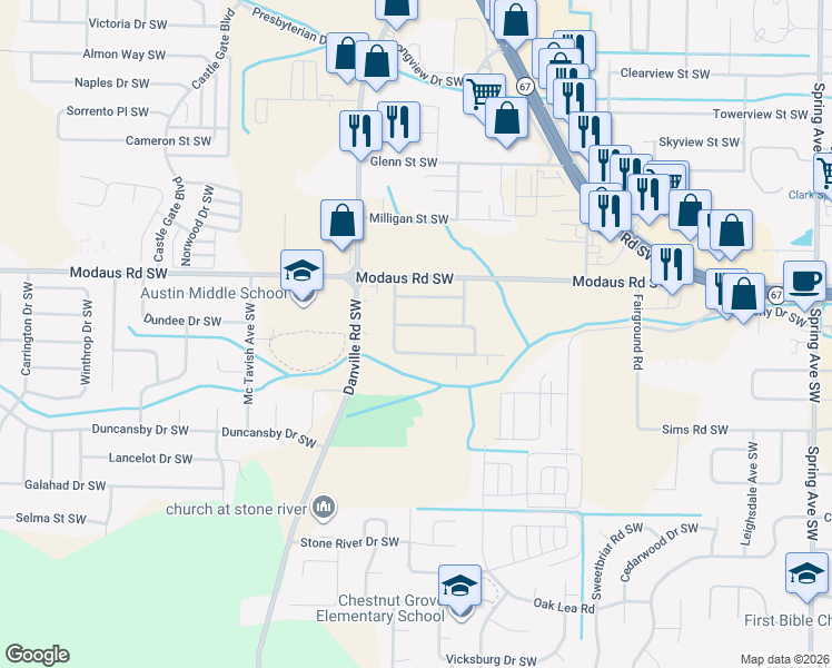 map of restaurants, bars, coffee shops, grocery stores, and more near 2728 Longfellow Drive Southwest in Decatur