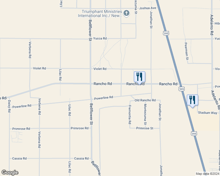 map of restaurants, bars, coffee shops, grocery stores, and more near Rancho Road in Adelanto